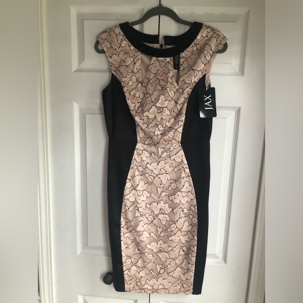 Jax black and cream lace cocktail dress, with rhinestone and beads. Brand new
